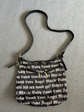 L.A.M.B. Black and White Script Crossbody Bag
